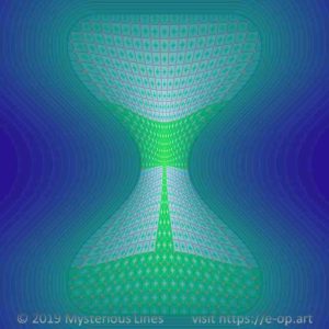 Mainly Vega style E-OP ART (with vonal appearing background) creating the illusion of a sand glass, in the colours blue, turquoise, white and green