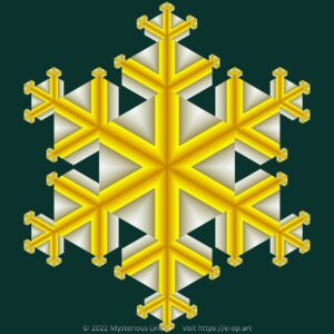 Vonal style E-OP ART with hexagons forming a snow flake, in warm yellowish colours in front of a cold background.