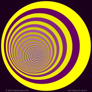 Vonal style E-OP ART with circles forming a spinning tunnel in yellowish and purple colours.
