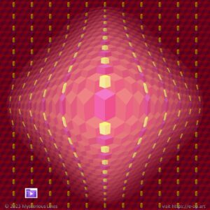 Hexagon style E-OP ART with hexagons of different size, partially overlapping each other, in reddish, purple and yellowish colours.