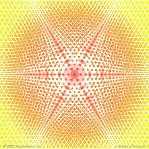 E-OP ART with 3 translucent layers forming a classic Vega ball in reddish, orange and yellowish colours.