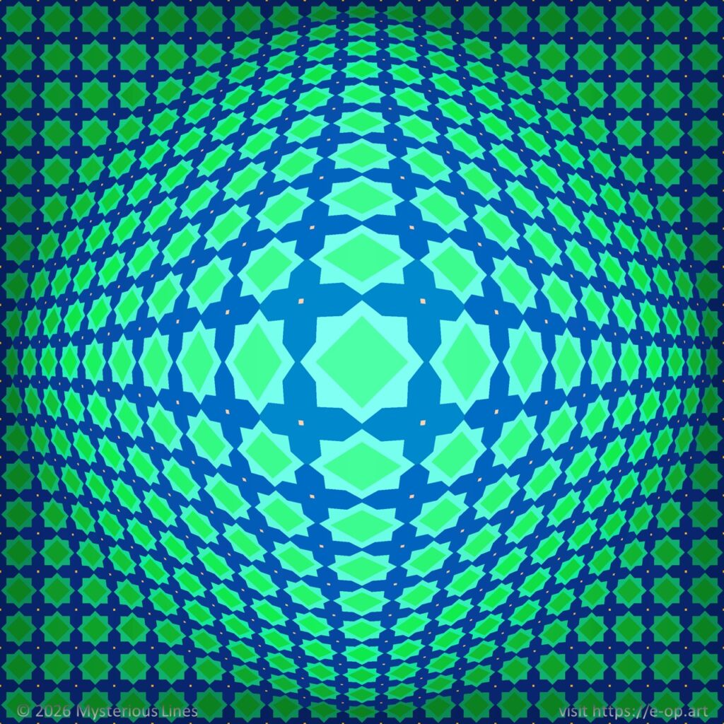 Pattern with an Oriental look, distorted over a sphere.