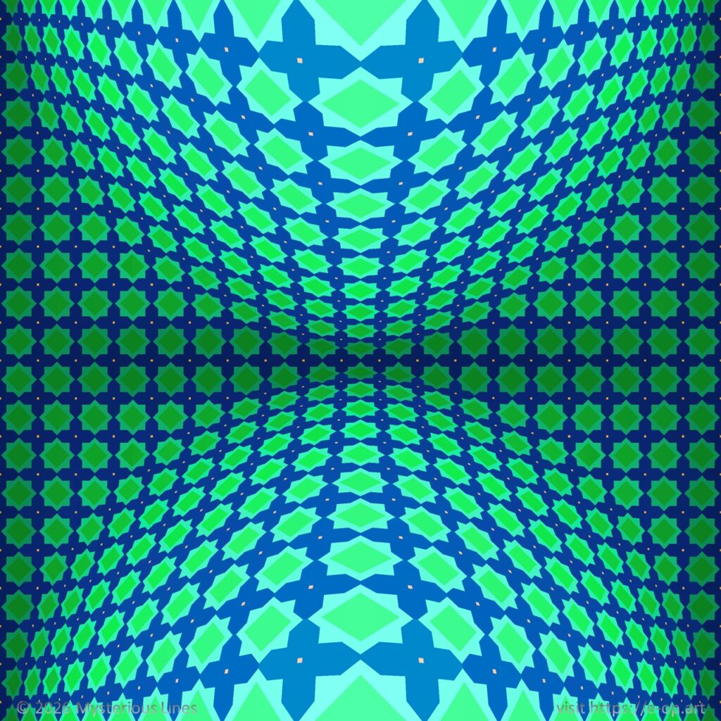 Pattern with an Oriental look, distorted across two hemispheres.
