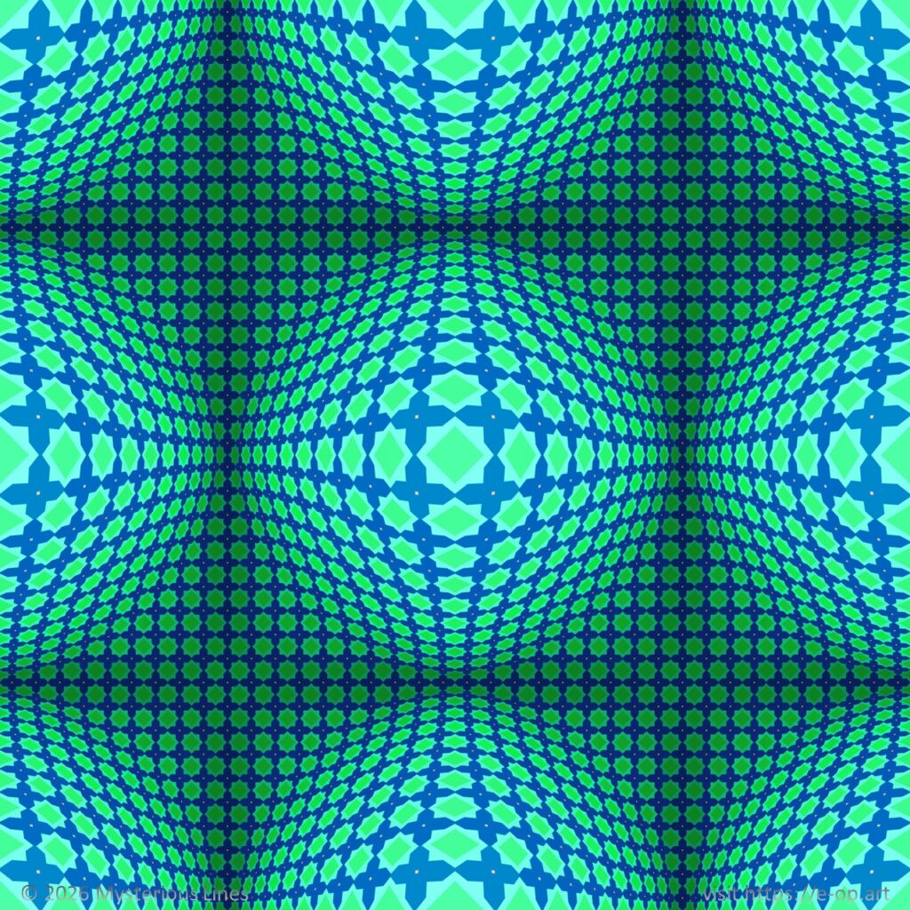 Pattern with an Oriental aesthetic, featuring distortions across a sphere, four hemispheres, and four quarter-spheres.