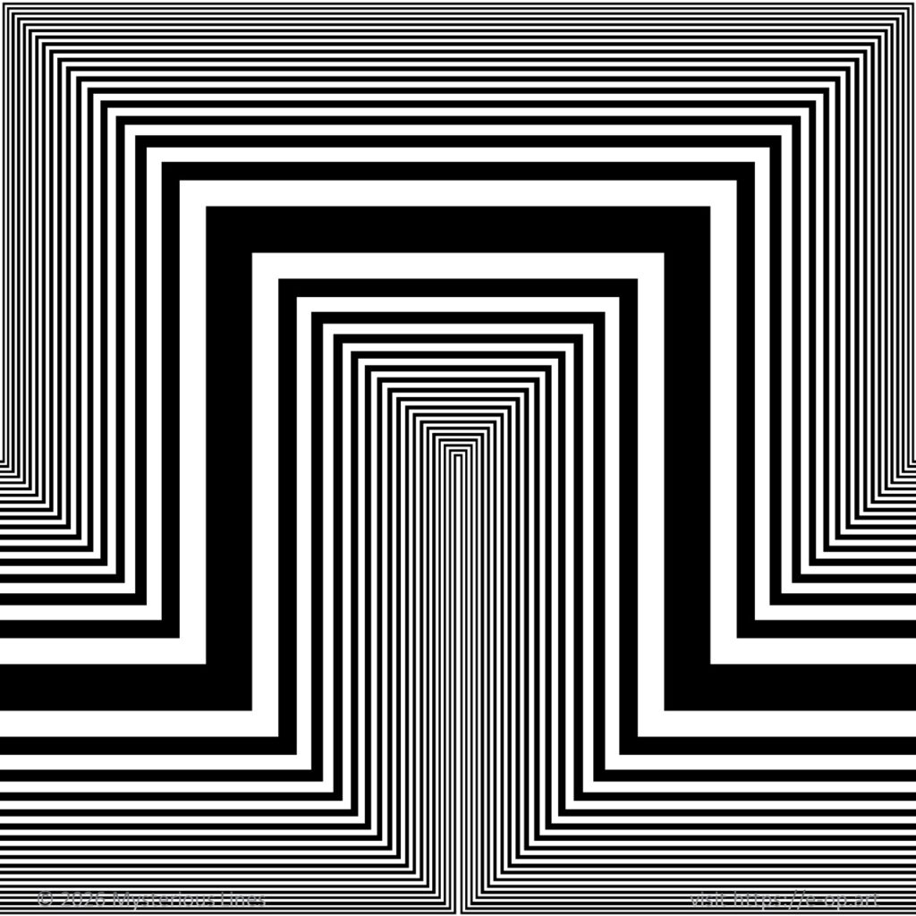 A purely black-and-white vonal pattern with sharp bends